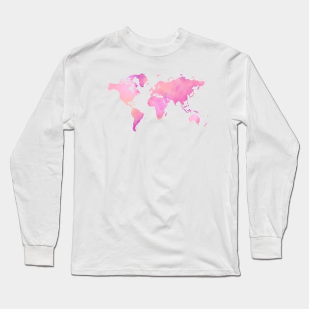 Pink Watercolor World Map Long Sleeve T-Shirt by PanyaCreative